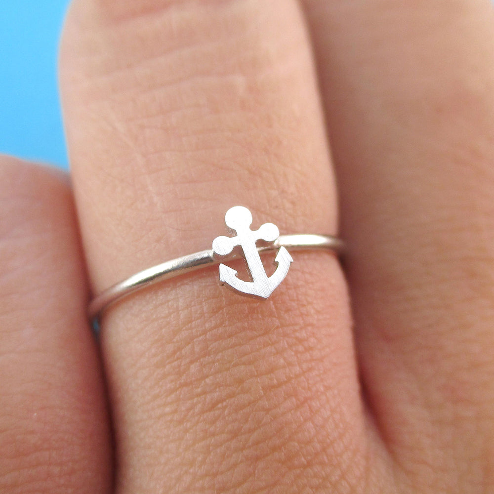 Miniature Anchor Shaped Minimal Nautical Adjustable Ring in Silver