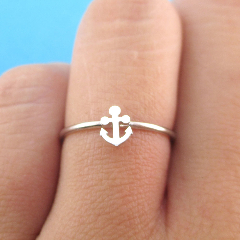 Miniature Anchor Shaped Minimal Nautical Adjustable Ring in Silver