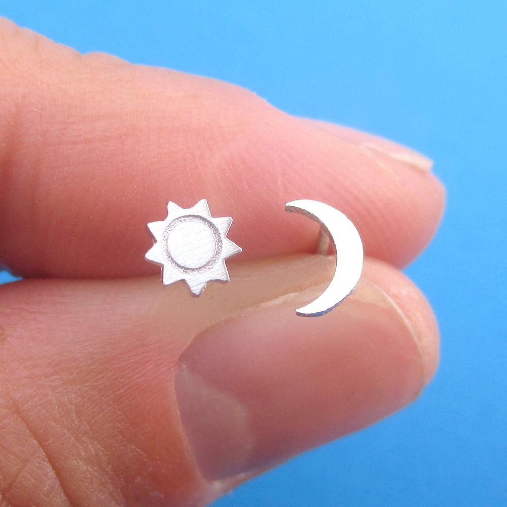 Minimal Sun and Crescent Moon Shaped 925 Sterling Silver Stud Earrings