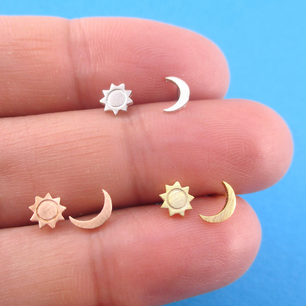 Tiny Minimal Sun and Crescent Moon Shaped 925 Sterling Silver Stud Earrings
