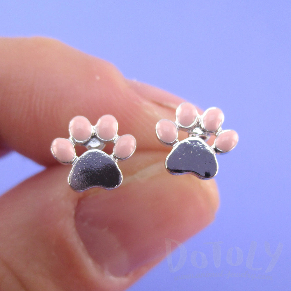 Tiny Paw Cat Dog Toebeans Shaped Stud Earrings in Silver