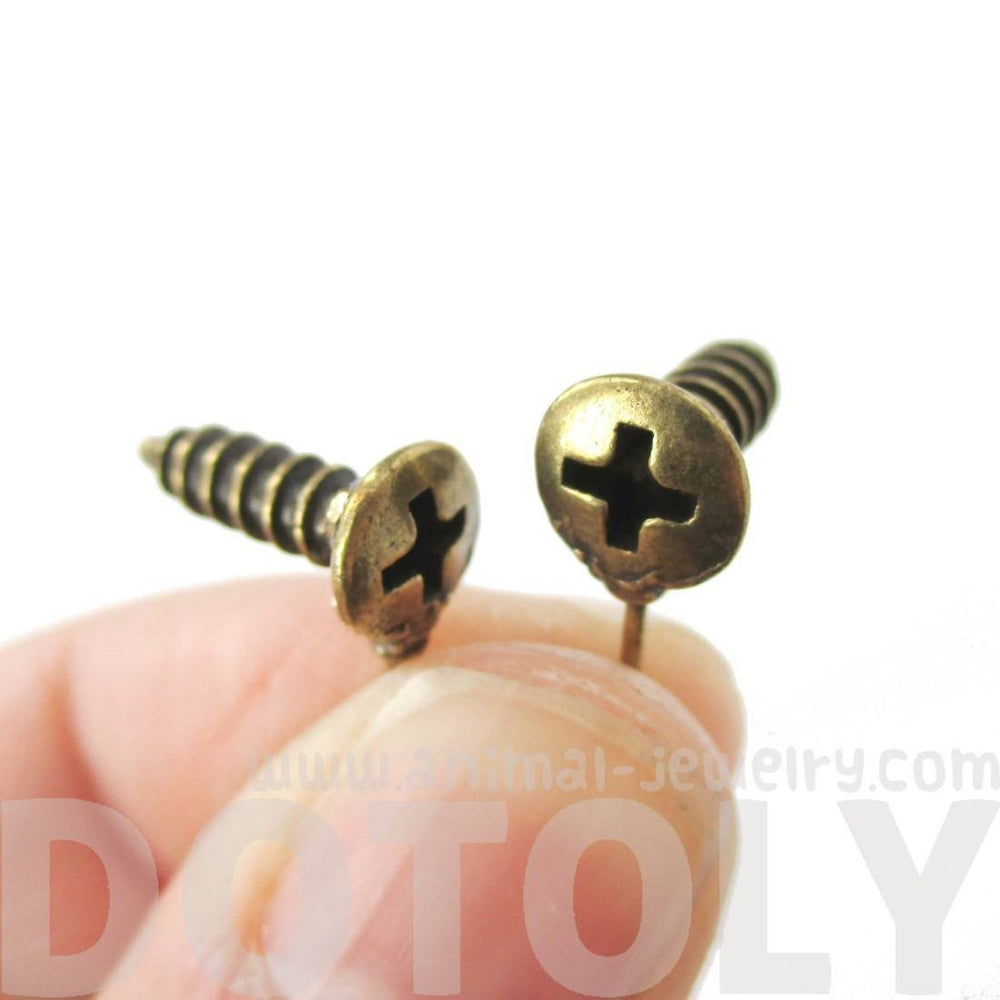 Tiny Screw Shaped Stud Earrings in Brass with Rhinestones | DOTOLY | DOTOLY