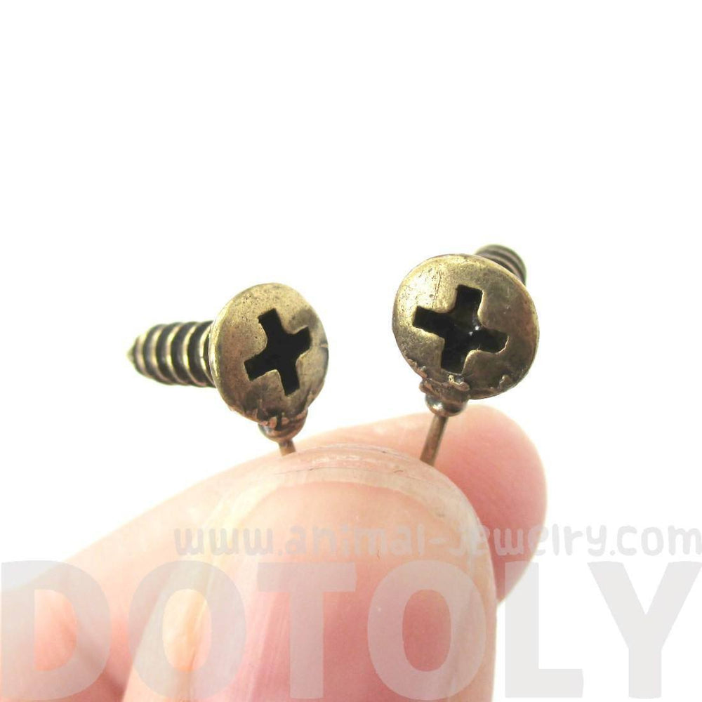 Tiny Screw Shaped Stud Earrings in Brass with Rhinestones | DOTOLY | DOTOLY