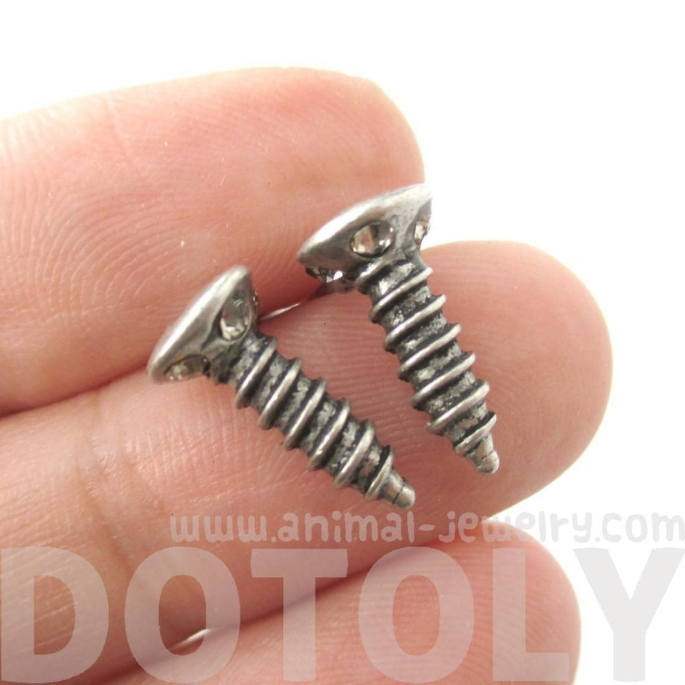 Tiny Screw Shaped Stud Earrings in Silver with Rhinestones | DOTOLY | DOTOLY