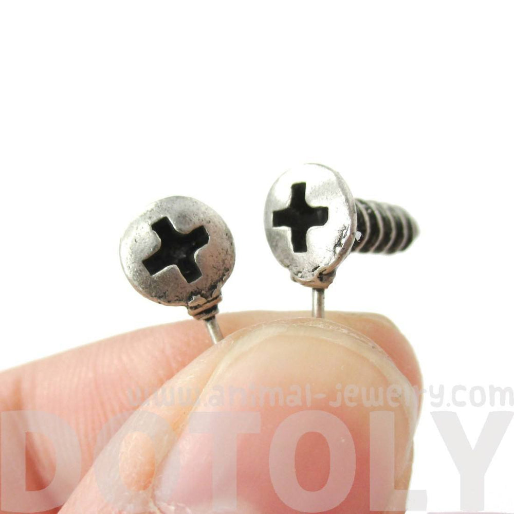 Tiny Screw Shaped Stud Earrings in Silver with Rhinestones | DOTOLY | DOTOLY