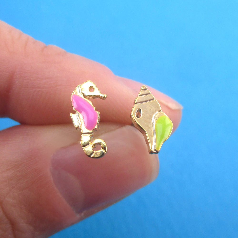 Tiny Seahorse and Conch Sea Shell Shaped Stud Earrings