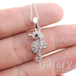 Tiny Seahorse Rhinestone Sea Creatures Pendant Necklace in Silver