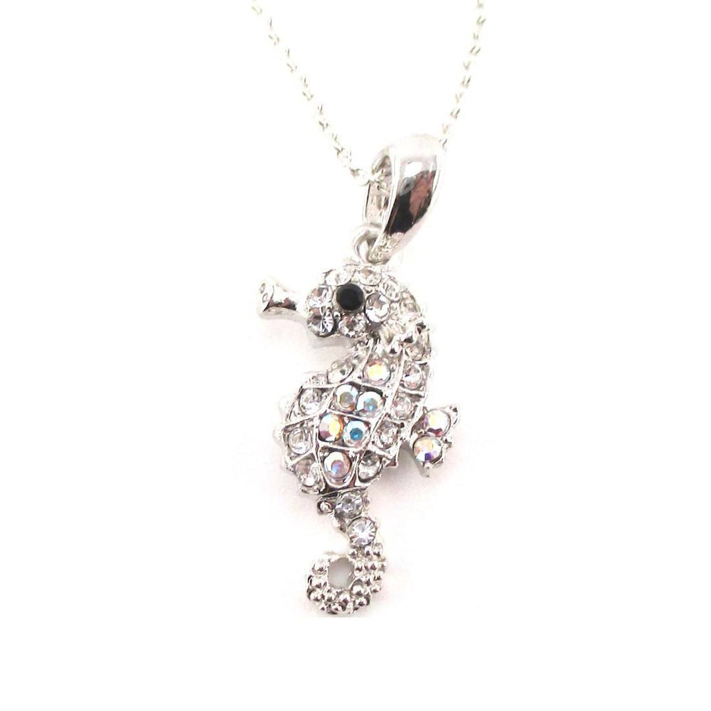 Tiny Seahorse Rhinestone Sea Creatures Pendant Necklace in Silver