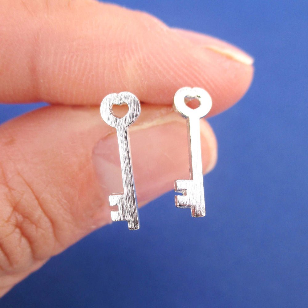 Tiny Skeleton Key Shaped Allergy Free Stud Earrings in Silver | DOTOLY