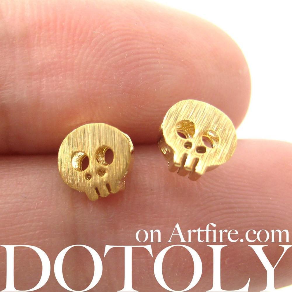 Tiny Skull Shaped Skeleton Stud Earrings in Gold with Sterling Silver Posts | DOTOLY