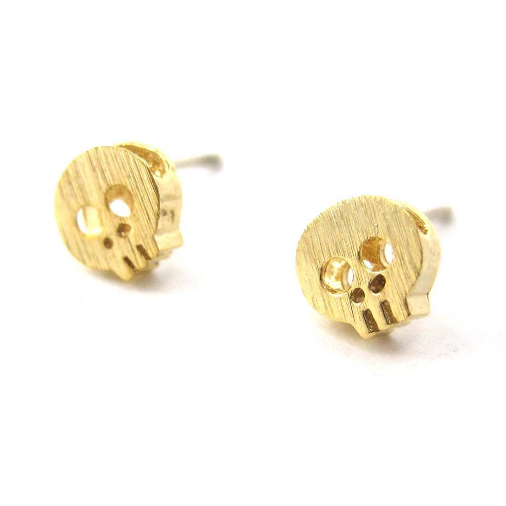Tiny Skull Shaped Skeleton Stud Earrings in Gold with Sterling Silver Posts | DOTOLY