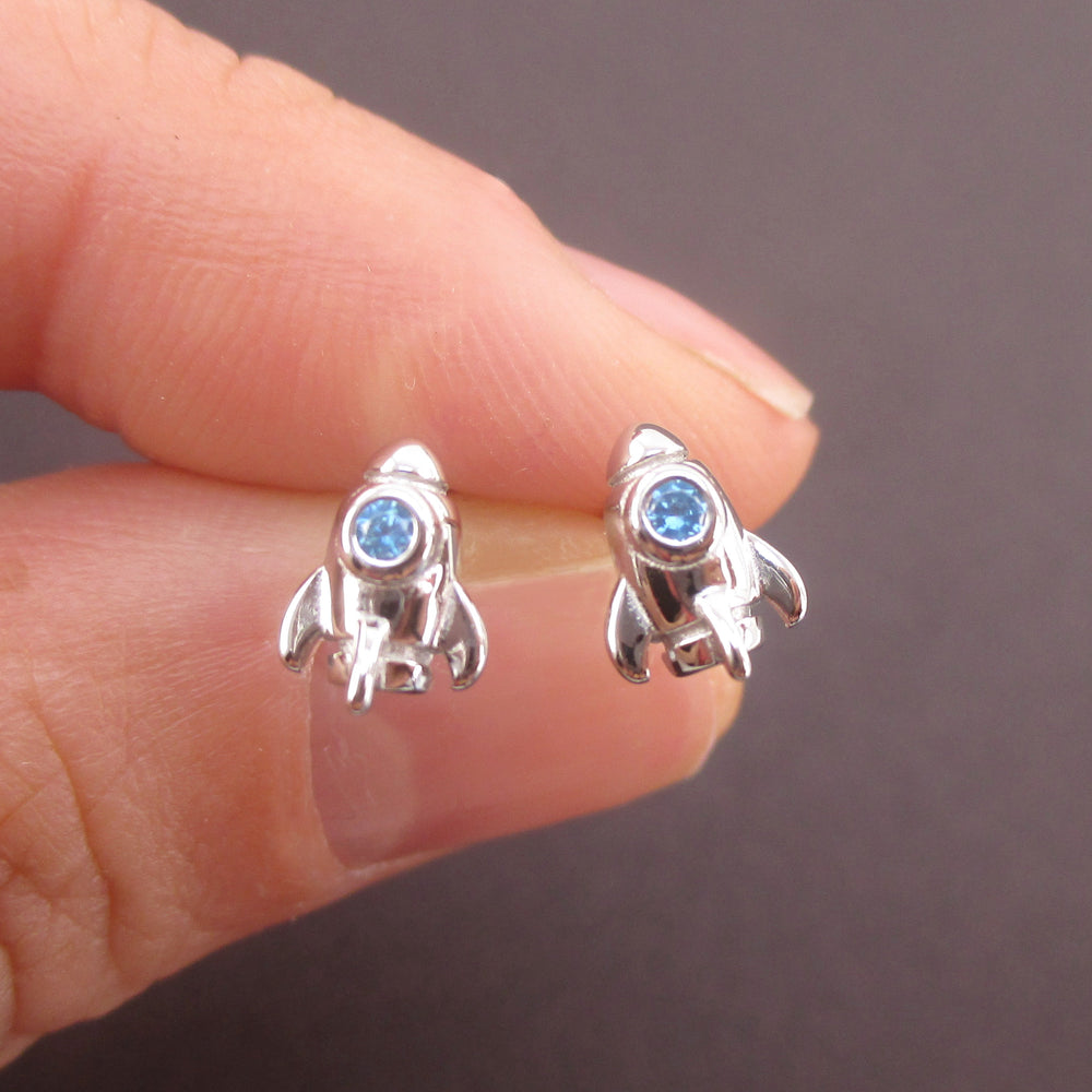 Tiny Spaceship Rocket Starship Shaped Outer Space Themed Stud Earrings
