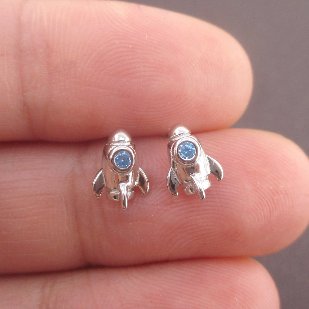 Tiny Spaceship Rocket Starship Shaped Outer Space Themed Stud Earrings