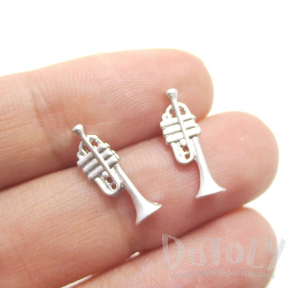 Tiny Trumpet Shaped Stud Earrings in Silver | Music Themed Jewelry | DOTOLY