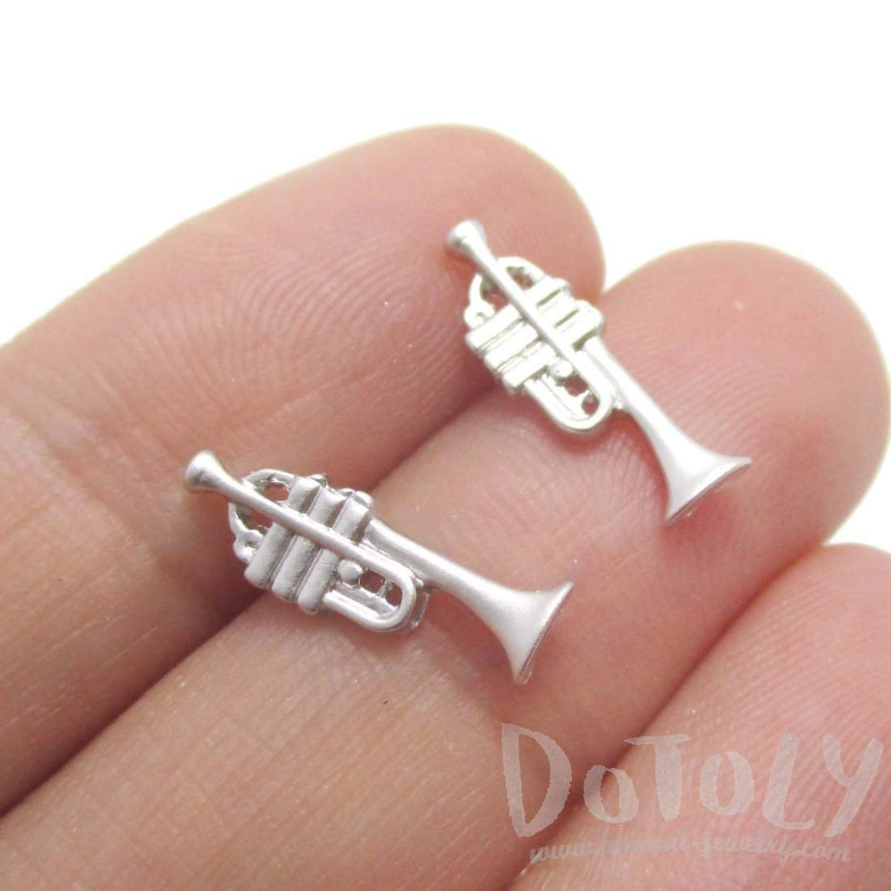 Tiny Trumpet Shaped Stud Earrings in Silver | Music Themed Jewelry | DOTOLY