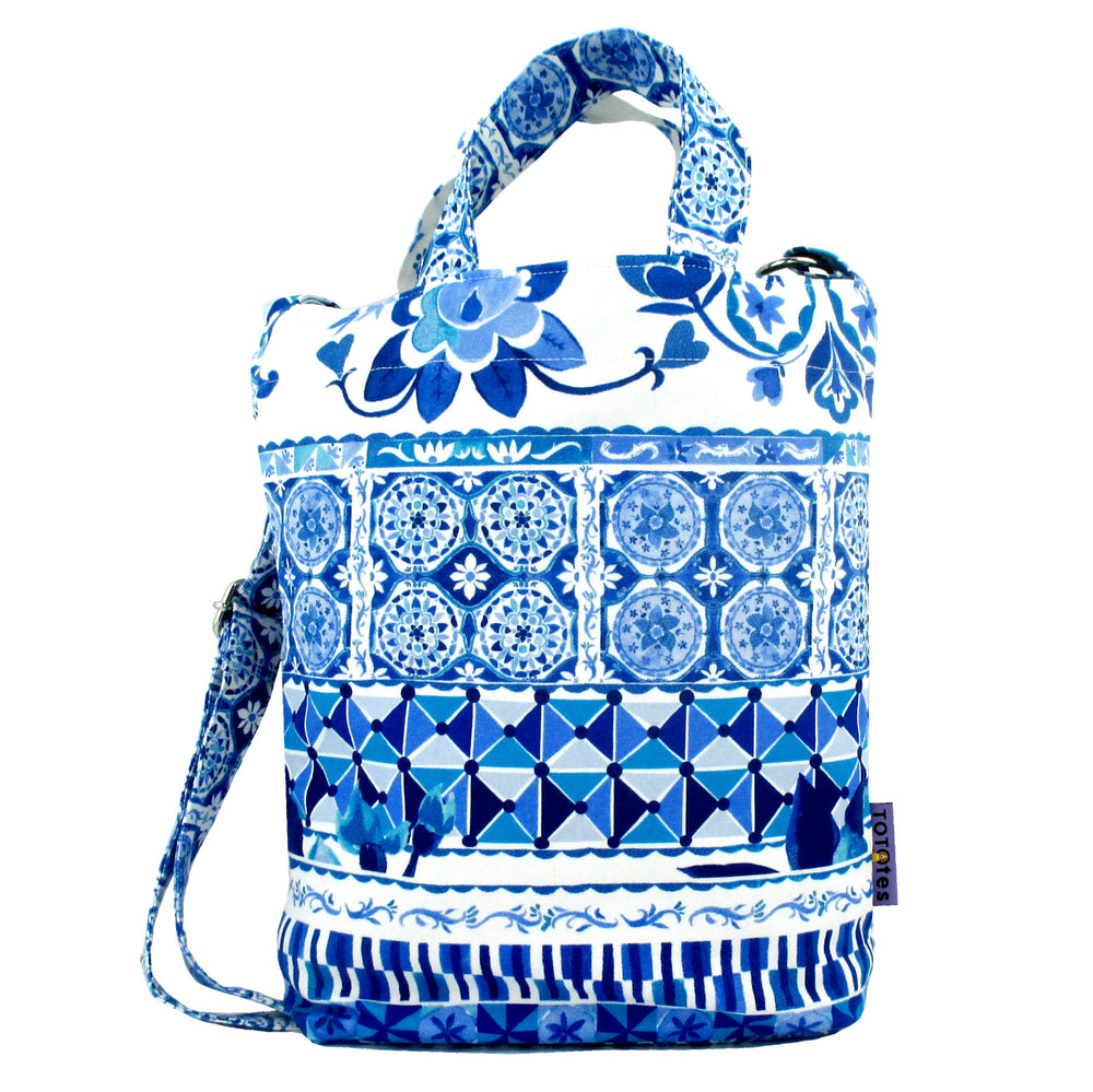 Blue Mosaic Floral Print Pattern Crossbody Duck Top Handle Tote Bag