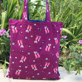 Purple Pretty Fox Animal Print Reversible Tote Bags for Women