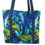 Blue Floral Tropical Bird Print Large Utility Zip Closure Market Tote Bag