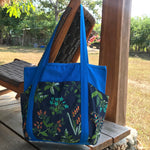 Large Utility Floral Print Blue Canvas Shoulder Tote Bag with Many Pockets