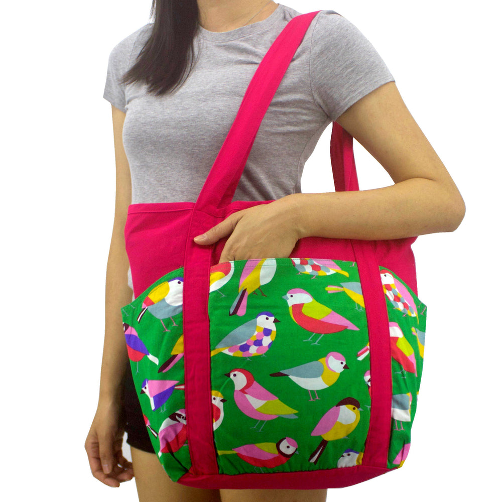 Colorful Bird All Over Print Large Carry All Shoulder Tote Bag with Many Pockets