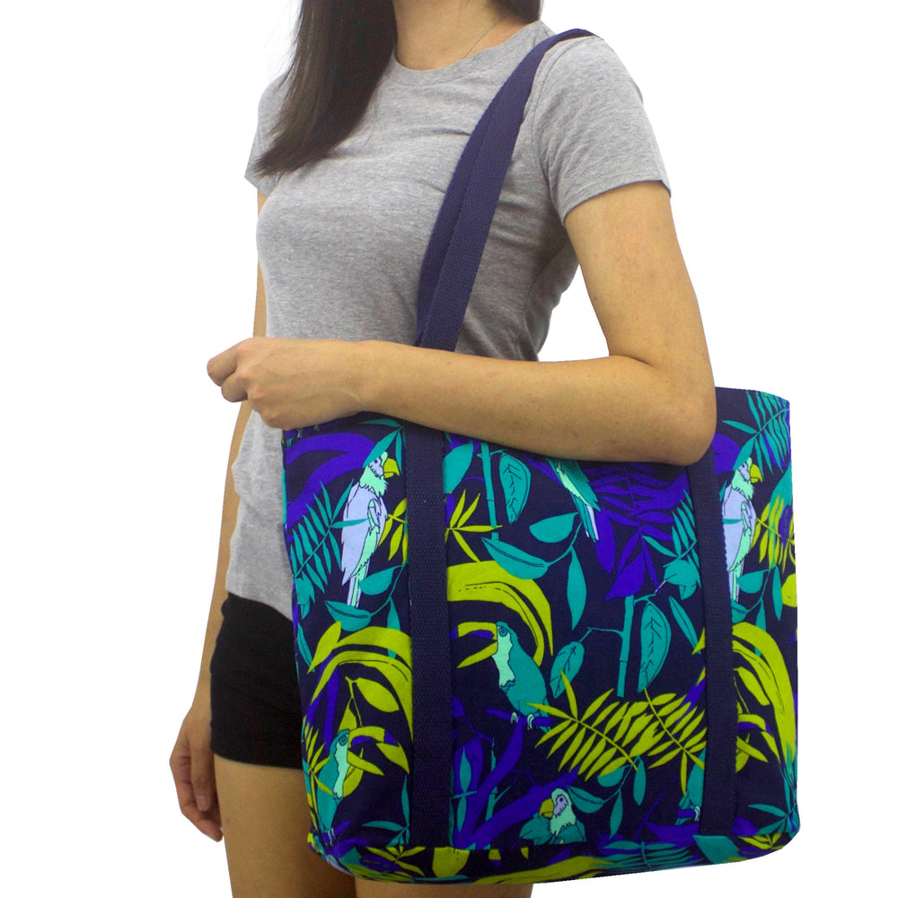 Cactus and Tropical Bird Print Large Utility Zip Closure Market Tote Bag