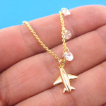 Travel Inspired Airplane Shaped Rhinestone Charm Necklace in Gold