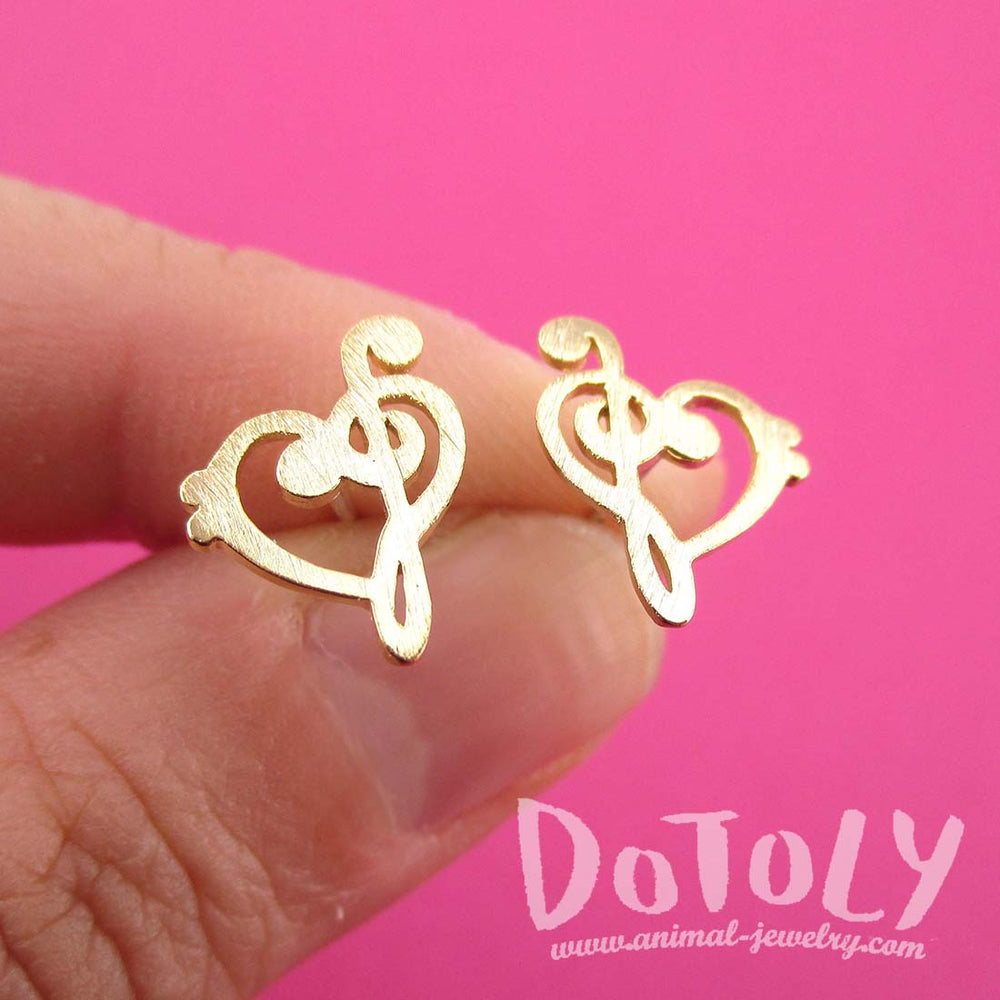 Treble and Bass Clef Heart Shaped Music Lovers Stud Earrings in Gold