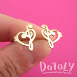 Treble and Bass Clef Heart Shaped Music Lovers Stud Earrings in Gold