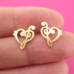 Treble and Bass Clef Heart Shaped Music Lovers Stud Earrings in Gold