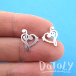 Treble and Bass Clef Heart Shaped Music Lovers Stud Earrings in Silver