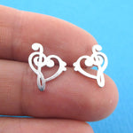 Treble and Bass Clef Heart Shaped Music Lovers Stud Earrings in Silver