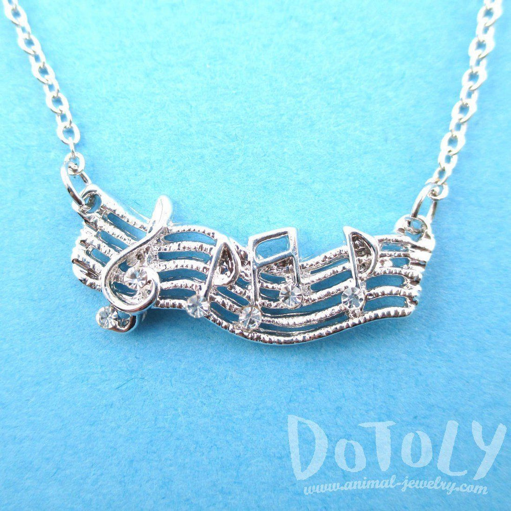 Treble Clef Musical Notes on Score Shaped Music Themed Necklace in Silver | DOTOLY