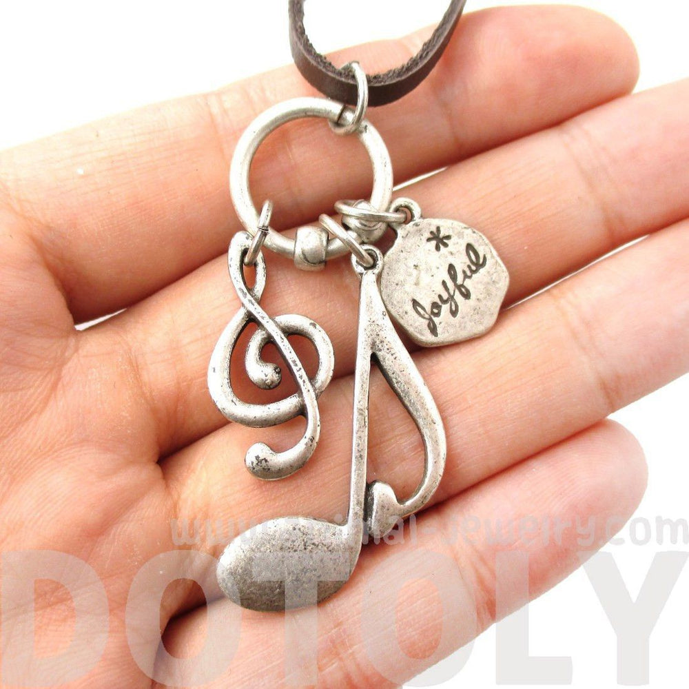 Treble Clef Musical Quaver Note and Dove Shaped Charm Necklace in Silver | DOTOLY