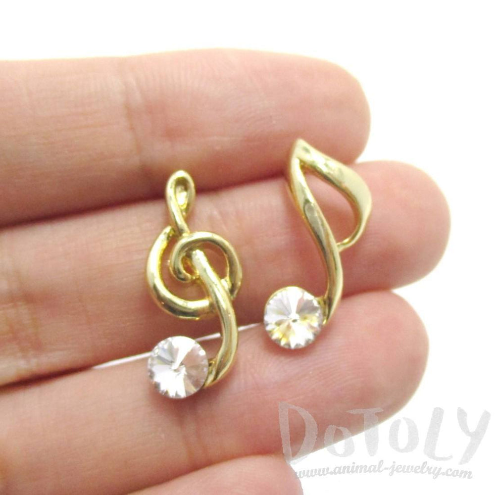 Treble Clef Quaver Note Shaped Stud Earrings with Rhinestones | DOTOLY