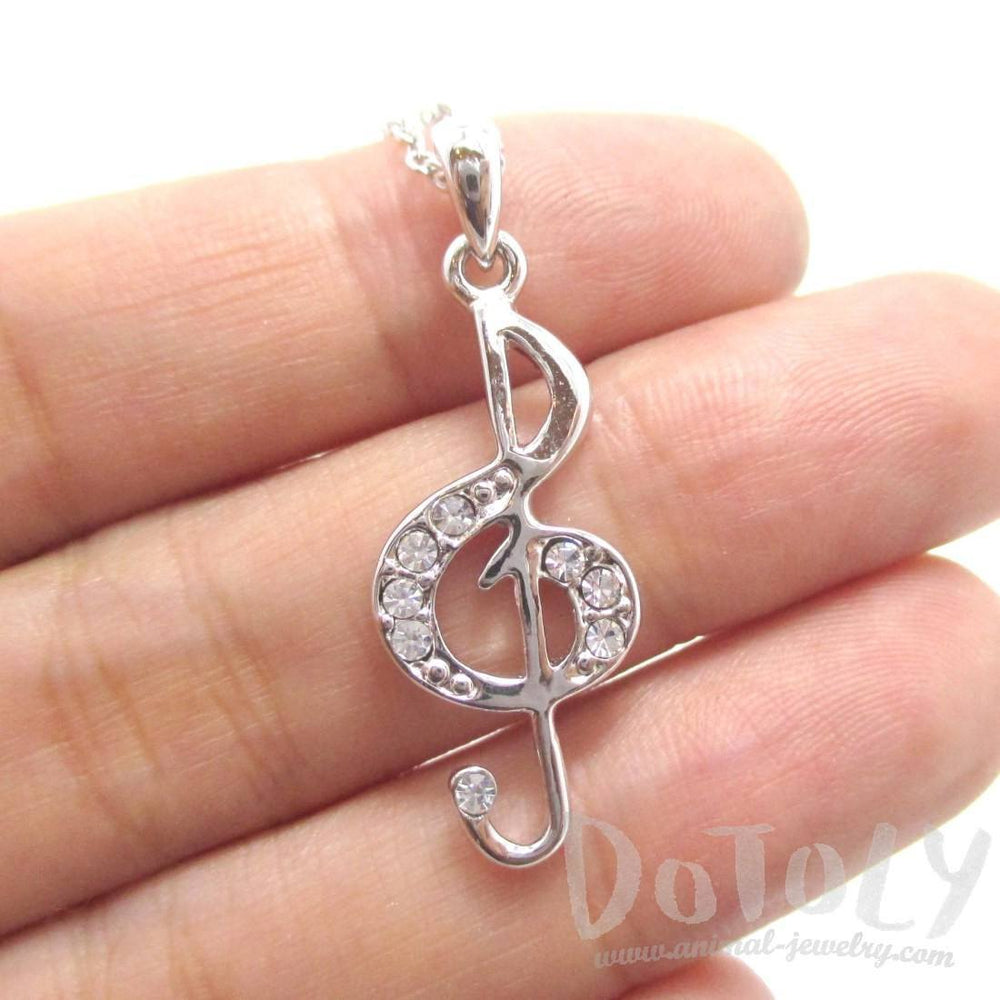 Treble Clef Shaped Rhinestone Pendant Necklace in Silver | Music Themed Jewelry | DOTOLY