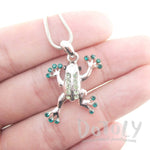 Tree Frog Shaped Green Rhinestone Pendant Necklace in Silver | DOTOLY