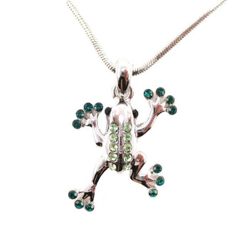 Tree Frog Shaped Green Rhinestone Pendant Necklace in Silver | DOTOLY