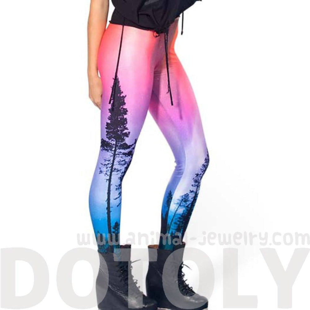 Tree Silhouette on Pink Nebula Sky Gradient Ombre Digital Print Legging Pants for Women | DOTOLY