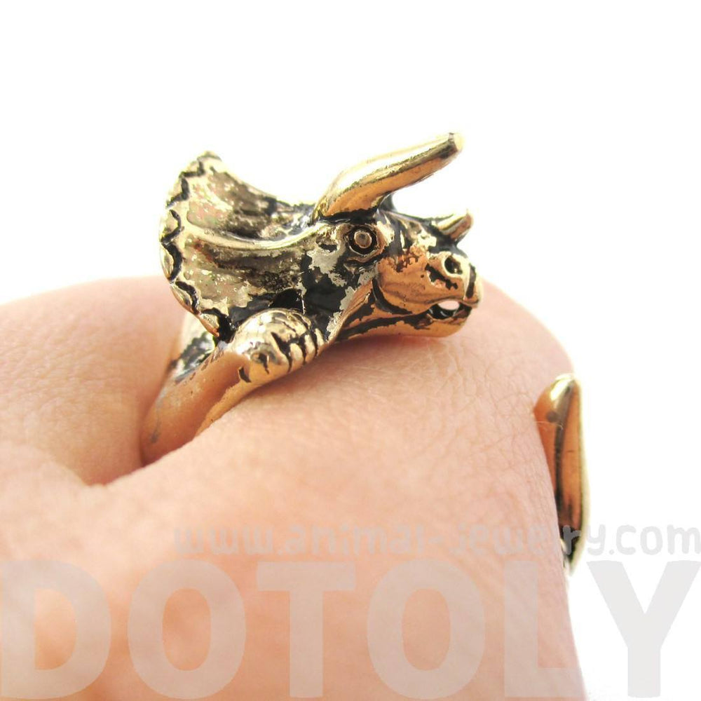Triceratops Dinosaur Prehistoric Animal Wrap Around Hug Ring in Shiny Gold | US Size 4 to 8.5 | DOTOLY