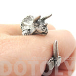 Triceratops Dinosaur Prehistoric Animal Wrap Around Hug Ring in Silver | US Size 4 to 8.5 | DOTOLY