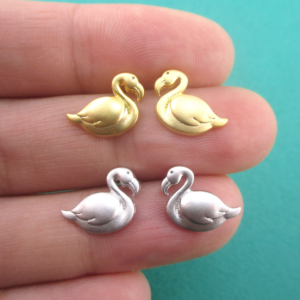 Tropical Flamingo Bird Shaped Stud Earrings in Gold or Silver