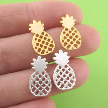 Tropical Fruity Pineapple Outline Shaped 925 Sterling Silver Stud Earrings