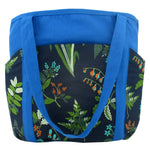 Large Utility Floral Print Blue Canvas Shoulder Tote Bag with Many Pockets