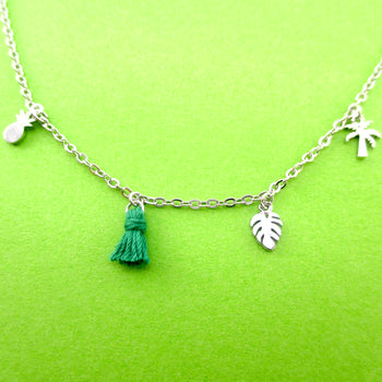 Tropical Vacation Themed Pineapple Palm Tree Leaf Shaped Charm Necklace