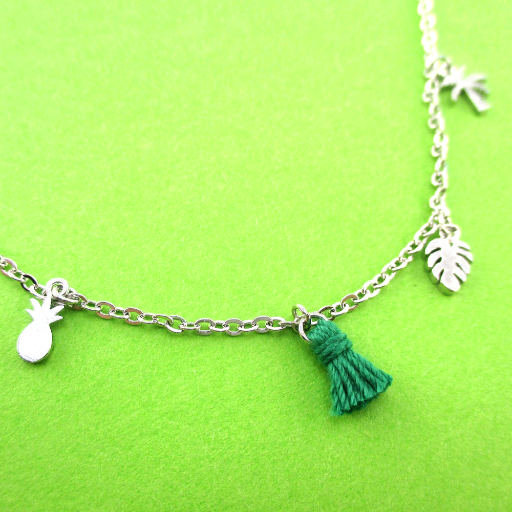 Tropical Vacation Themed Pineapple Palm Tree Leaf Shaped Charm Necklace