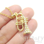 Trumpet Instrument Shaped Rhinestone Pendant Necklace in Gold | For Music Lovers | DOTOLY