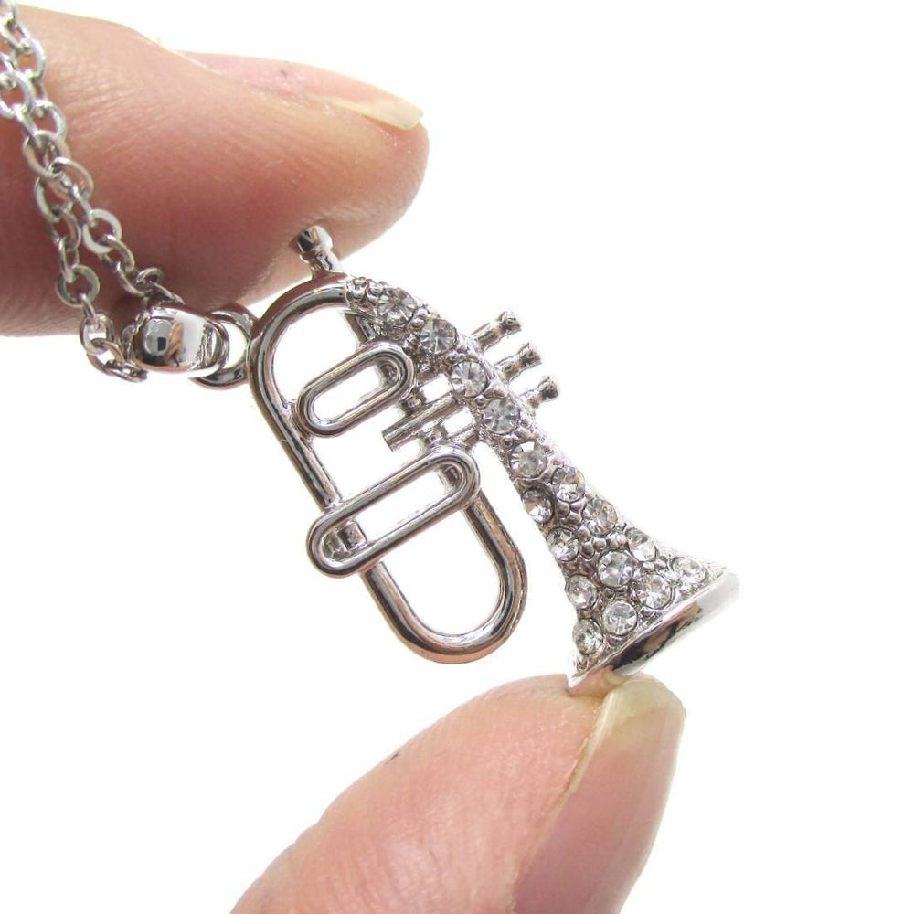Trumpet Instrument Shaped Rhinestone Pendant Necklace in Silver | For Music Lovers | DOTOLY