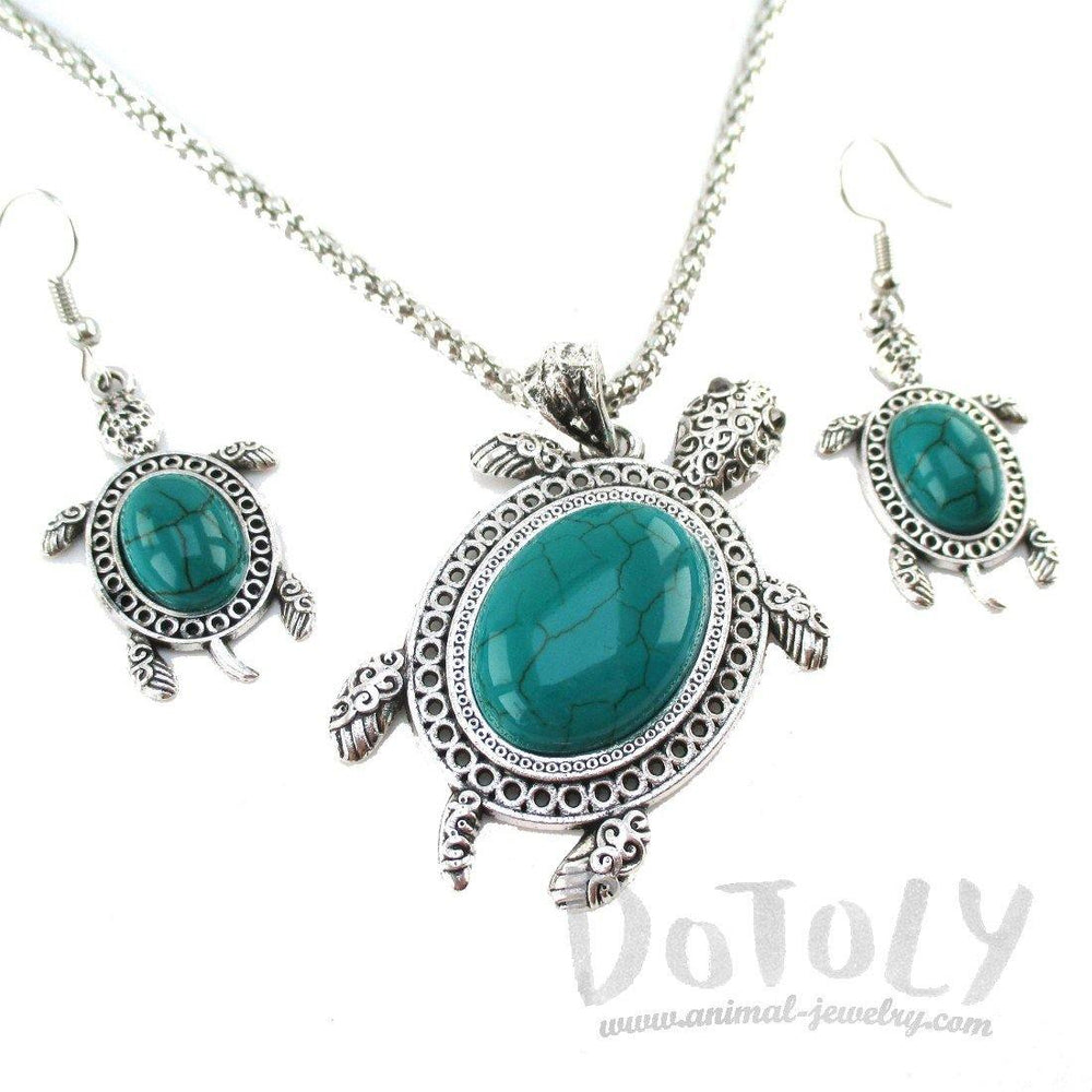 Turquoise Sea Turtle Dangle Earrings and Pendant Necklace 2 Piece Set