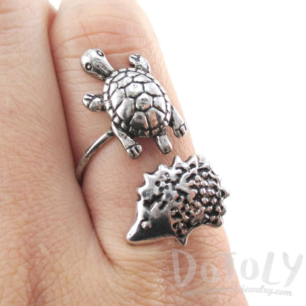 Turtle and Hedgehog Porcupine Wrap Around Adjustable Ring in Silver | DOTOLY | DOTOLY