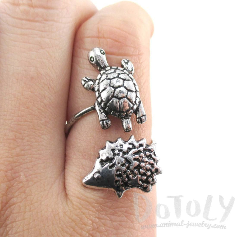 Turtle and Hedgehog Porcupine Wrap Around Adjustable Ring in Silver | DOTOLY | DOTOLY